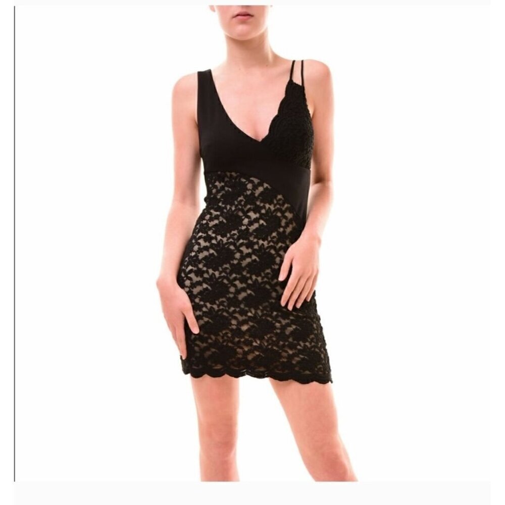 Free People size L Lower East Side black lace mini bodycon dress